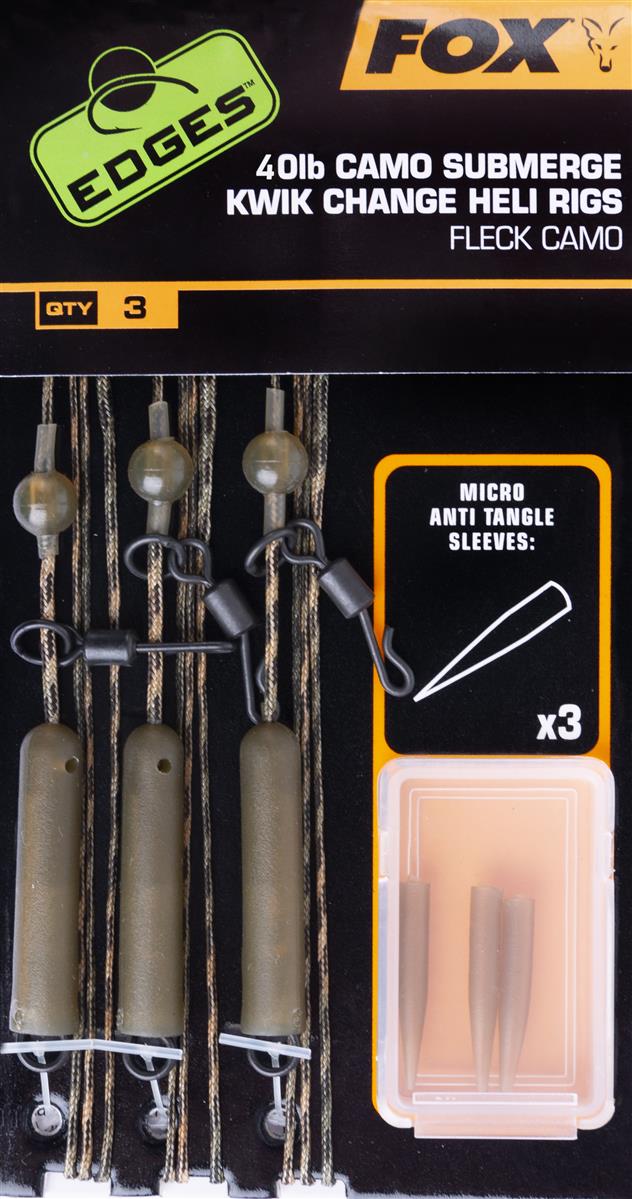 Fox Edges Submerge Camo Leader Heli Rigs Kwik Change; 40 Lb; Qty. 3