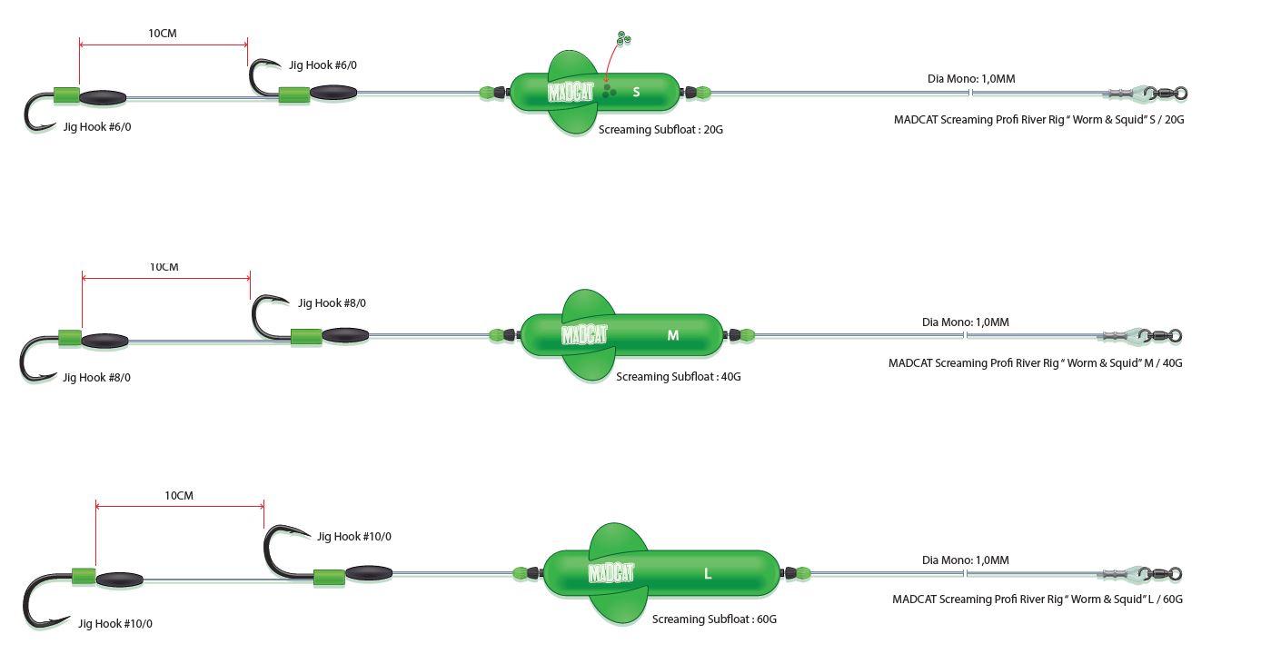 MADCAT Screaming Profi River Rig "Worm & Squid“; Größe: L
