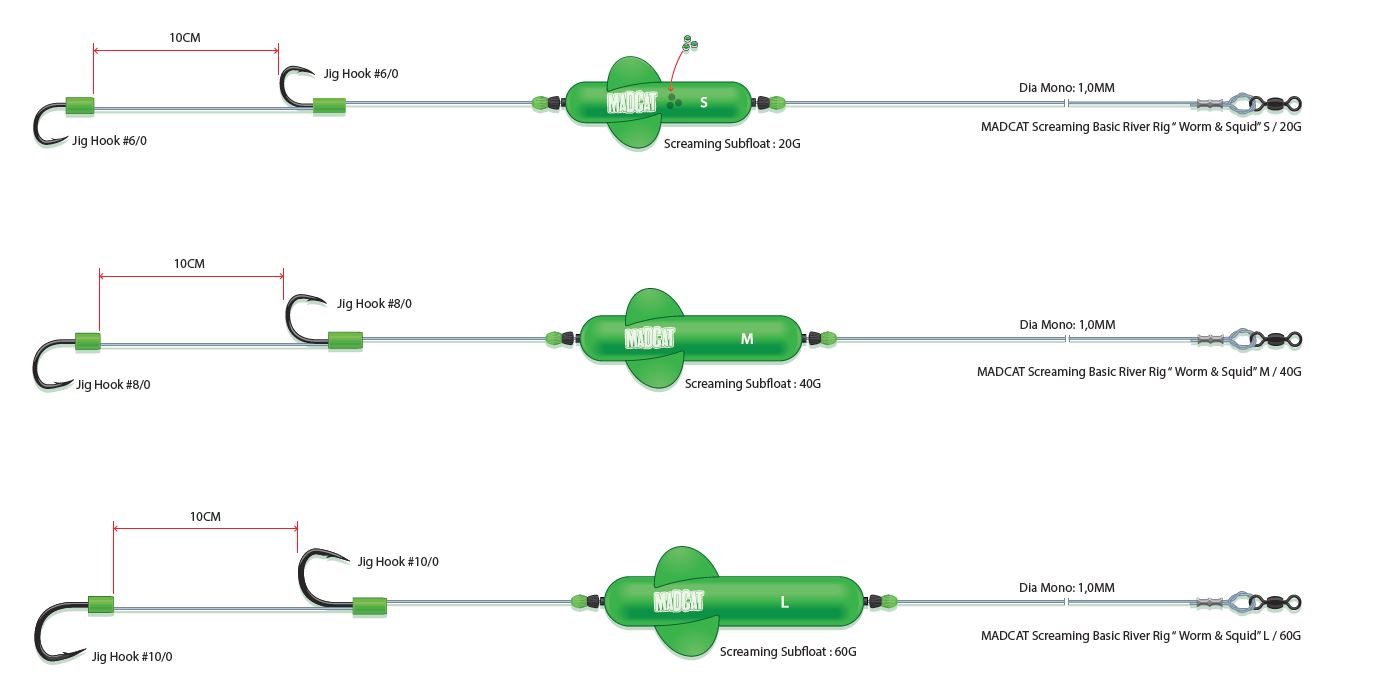 MADCAT Screaming Basic River Rig "Worm & Squid“; Größe: L